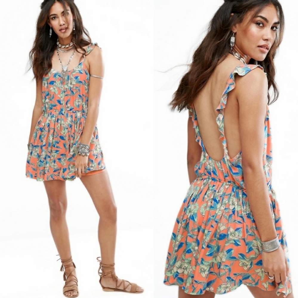 Free people Dear You floral low back ruffle sleeve boho mini dress size xs